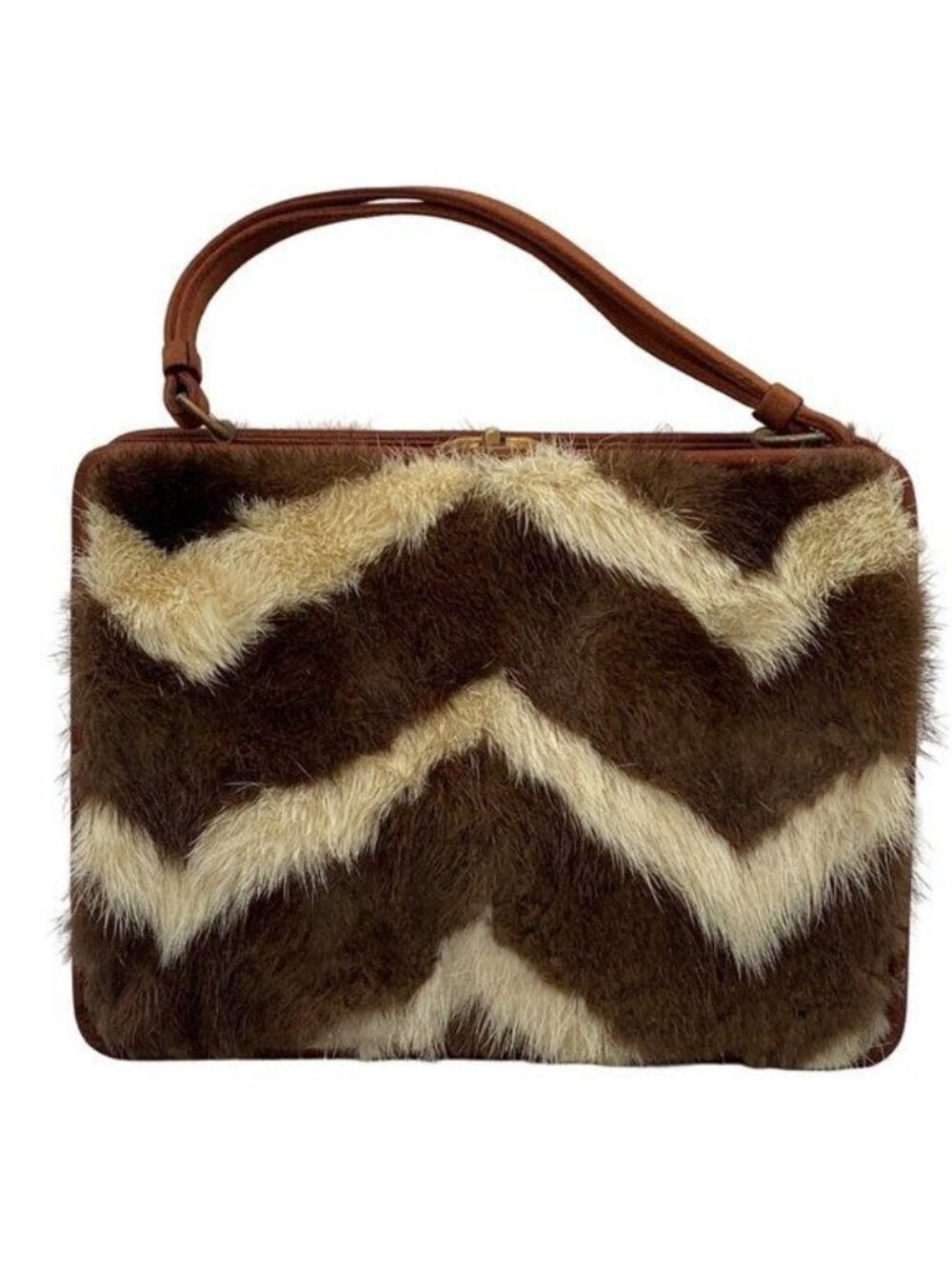 Vtg NETTIE ROSENSTEIN Mink Fur Silk Animal Print Handbag Purse 1950s - Picture 2 of 10